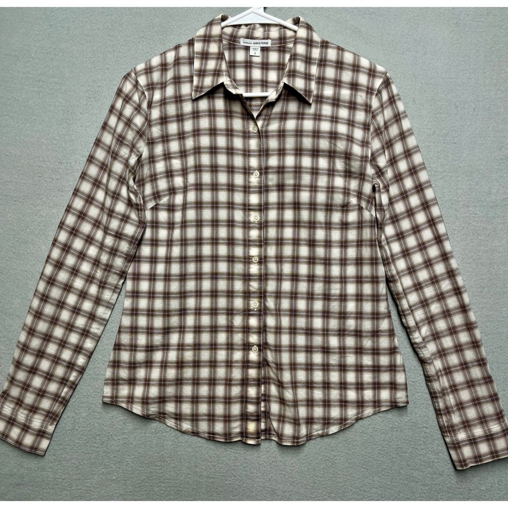James Perse Brown Lavender Plaid Cotton Button Down Shirt‎ WDF3717 Womens Size 2